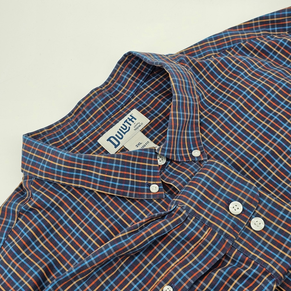 Duluth Trading Co Button Down Shirt Mens 2XL Blue Red Plaid Relaxed Fit Cotton